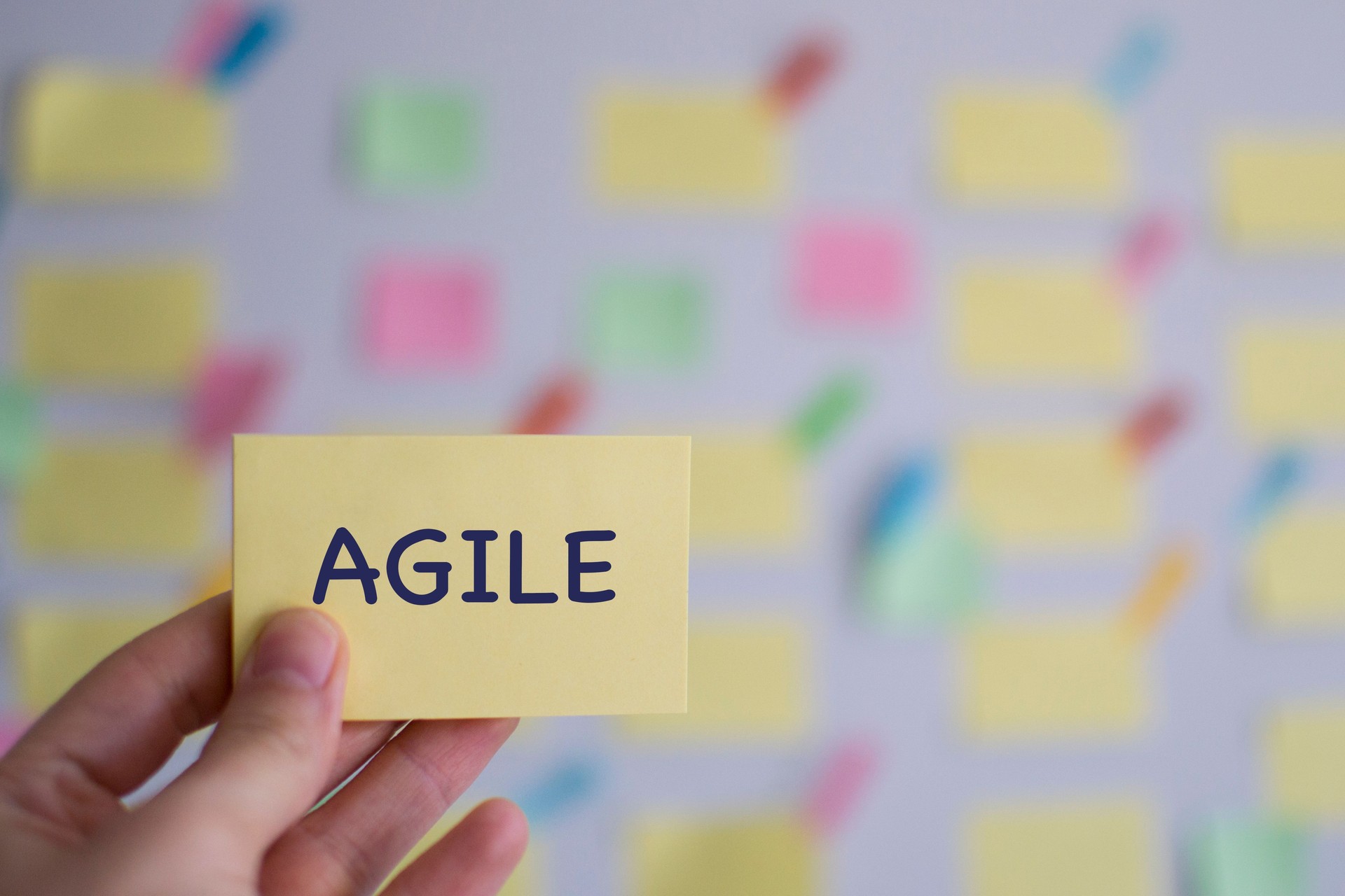 A hand holding agile sticky note in front of a kanban board